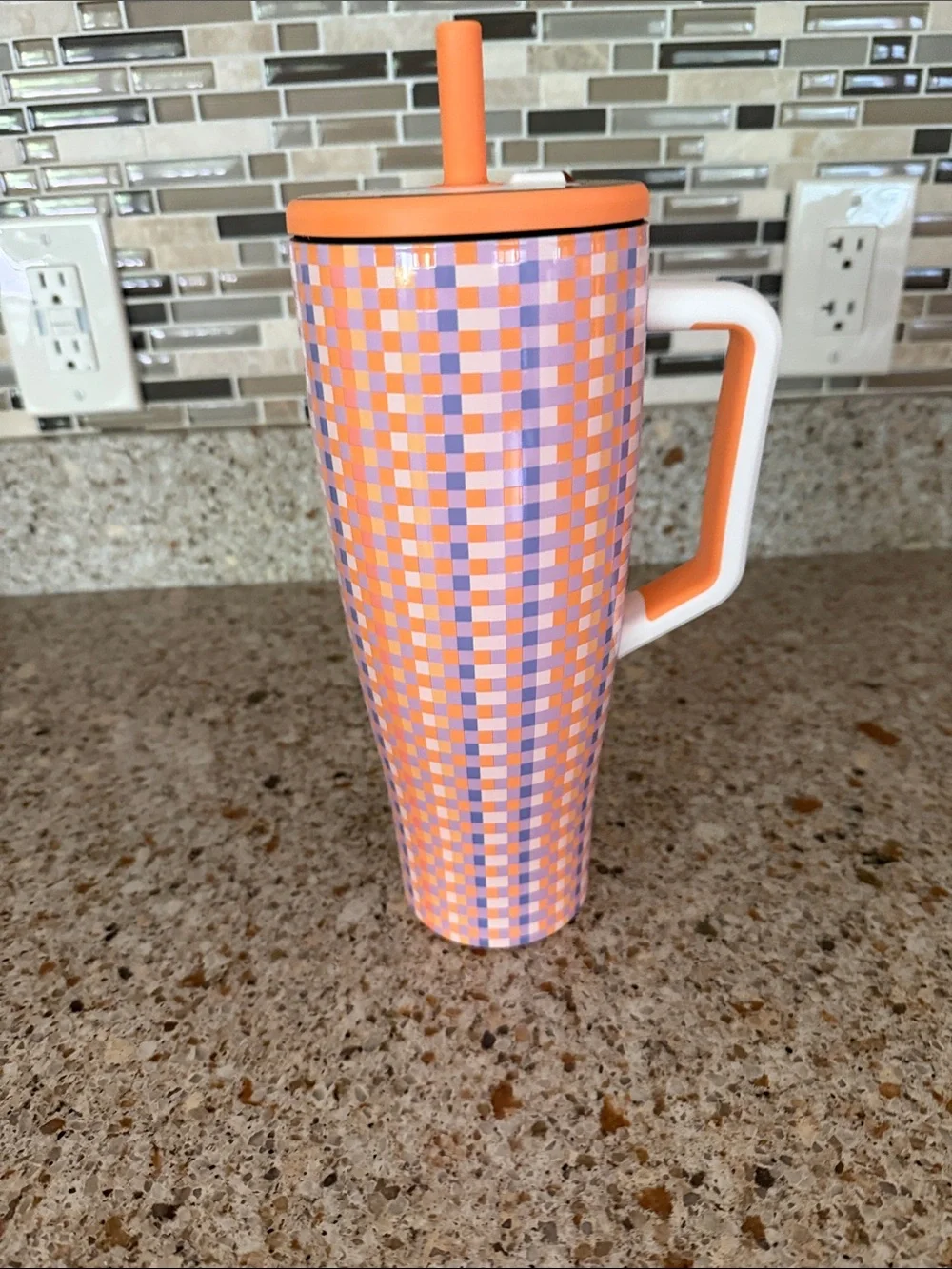 brummate  talk Checkered Tumbler with Handle and Straw - Orange & Lilac